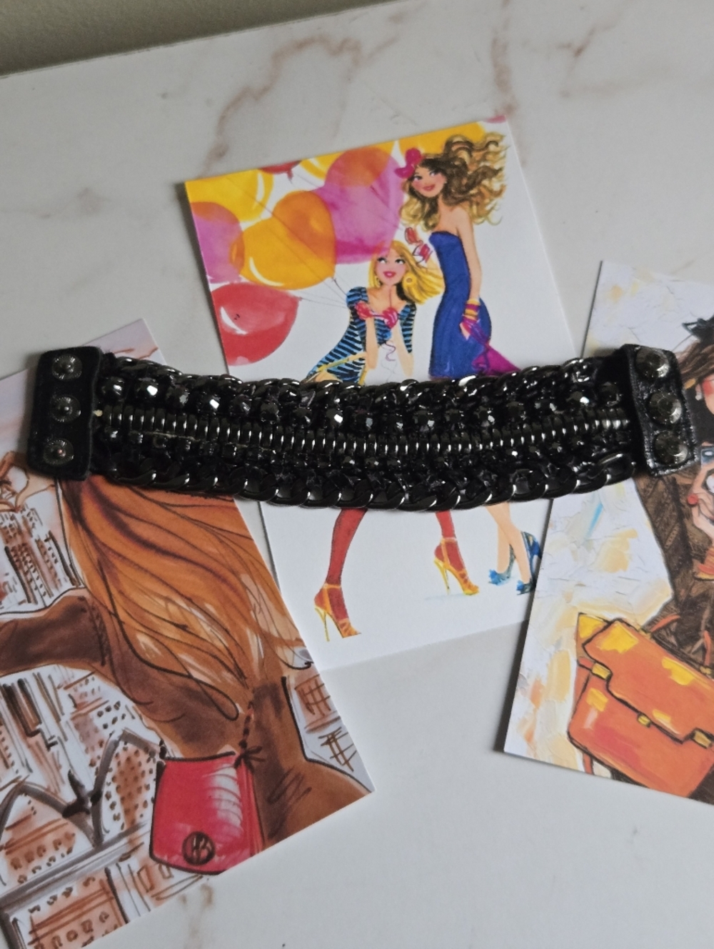 Vintage Henri Bendel Black Chain-Link & Crystals Wrap Leather Bracelet GUC